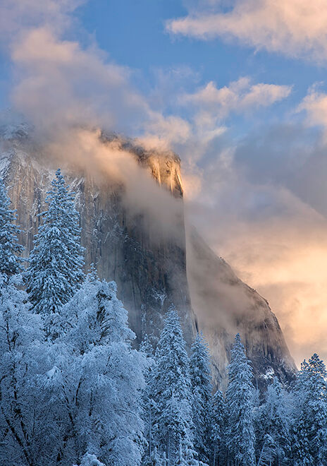 The first light of morning kisses the granite face of El Capitain in Yosemite Valley.The granite monolith&nbsp;extends about...